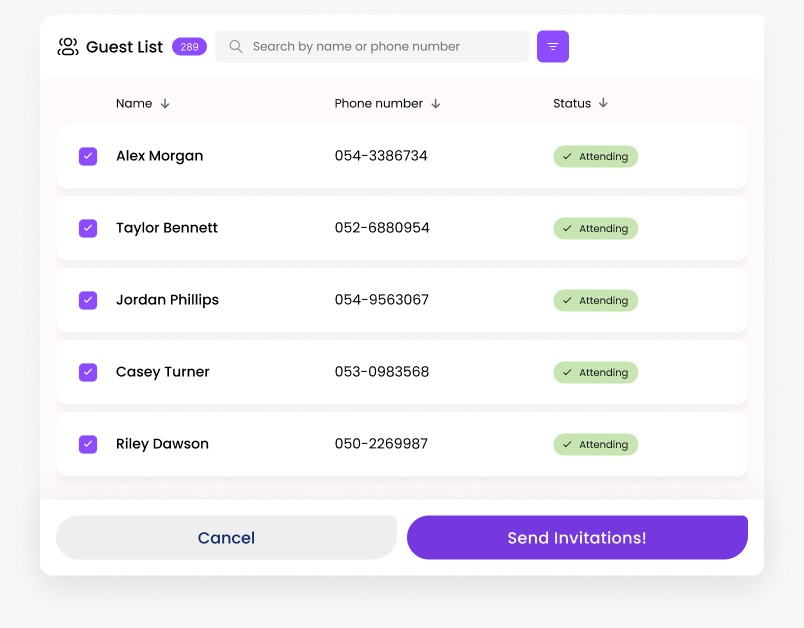 תצוגה מקדימה של מערכת ניהול המוזמנים - טבלת אנשי קשר מאורגנת עם עיצוב מודרני